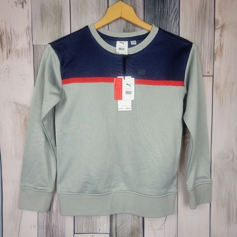 Puma TMC Marathon Gray Blue Red Colorblock Crewneck Sweater Small